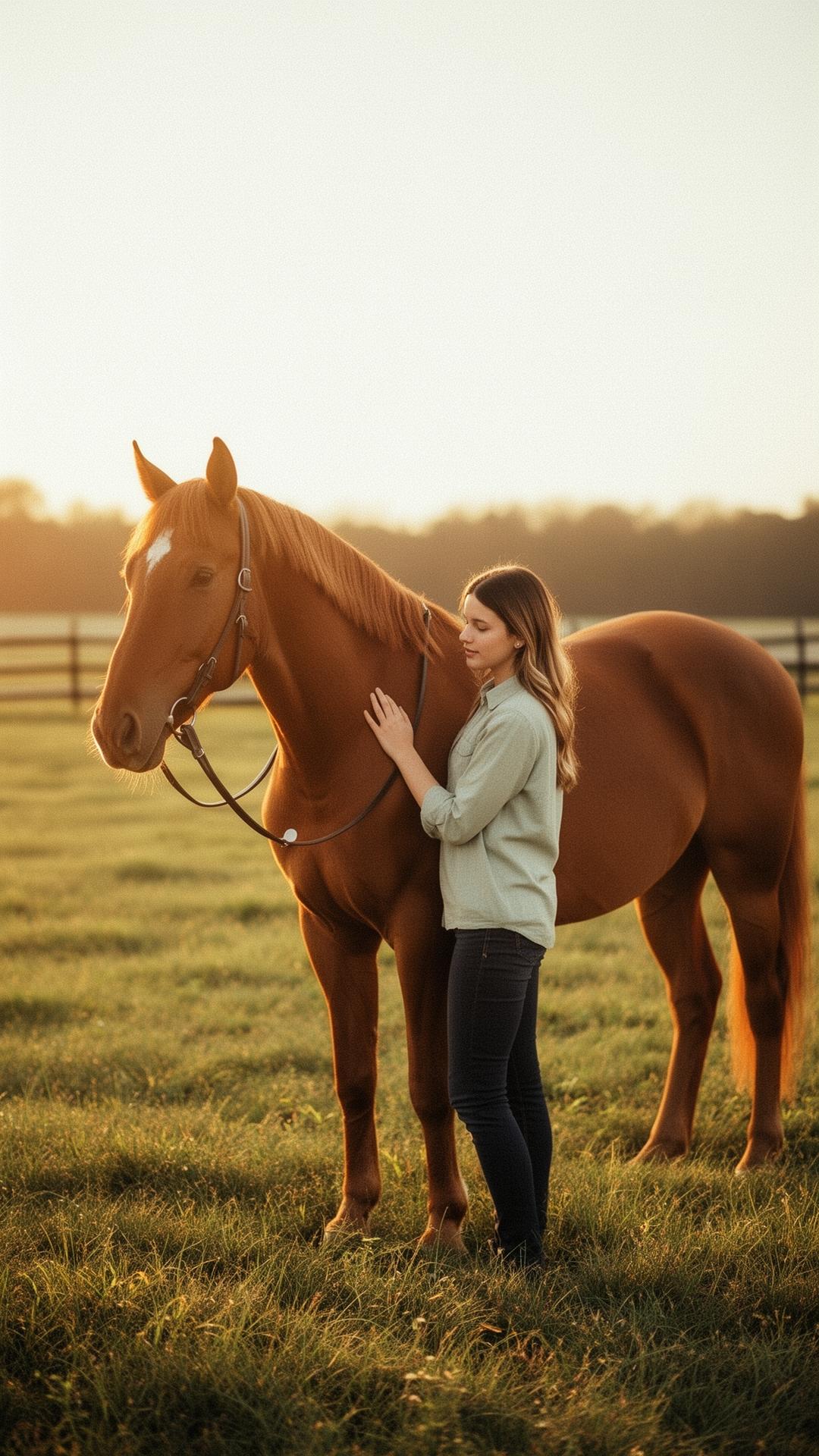 Cavalière auprès de son cheval au coucher du soleil