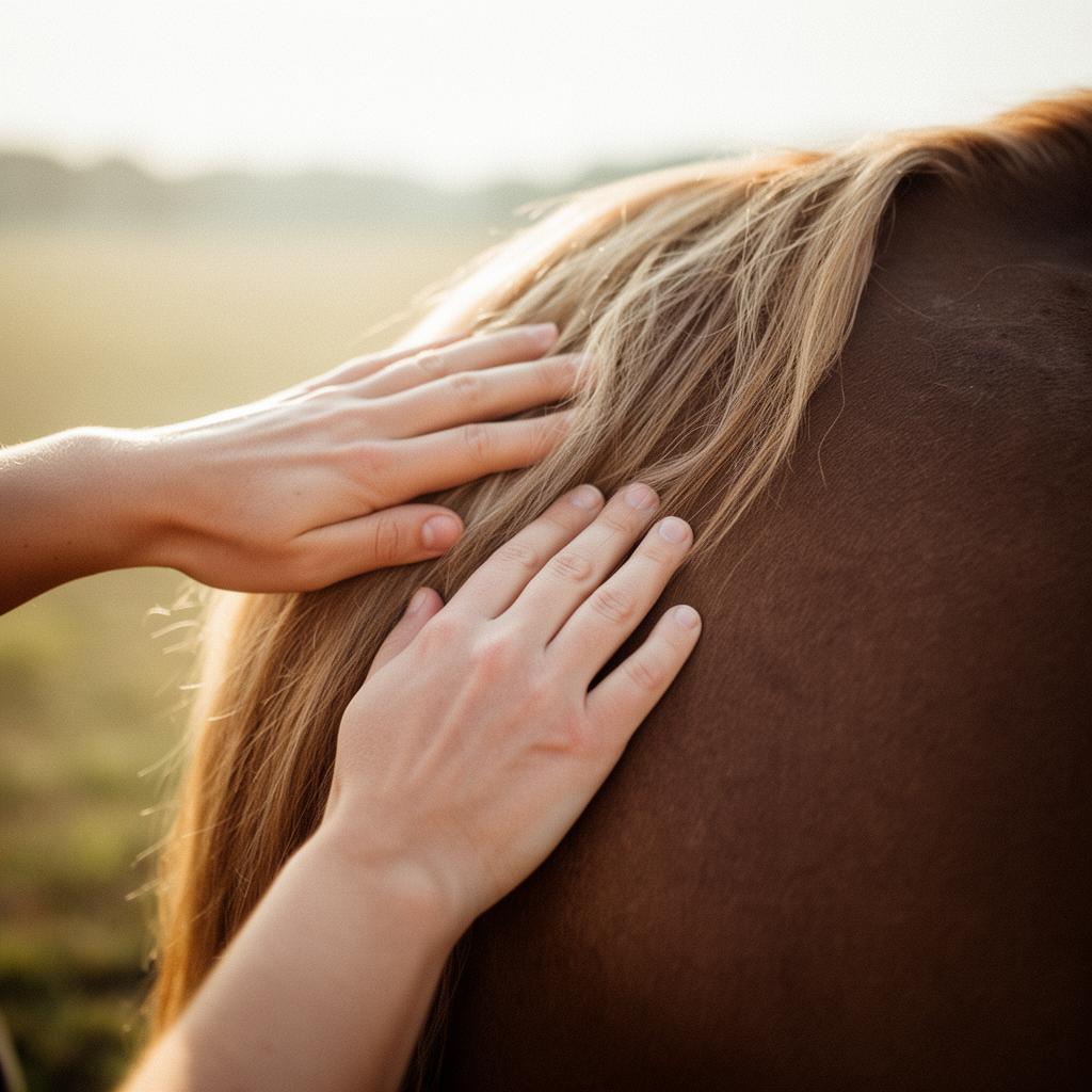 Mains caressant la crinière d'un cheval